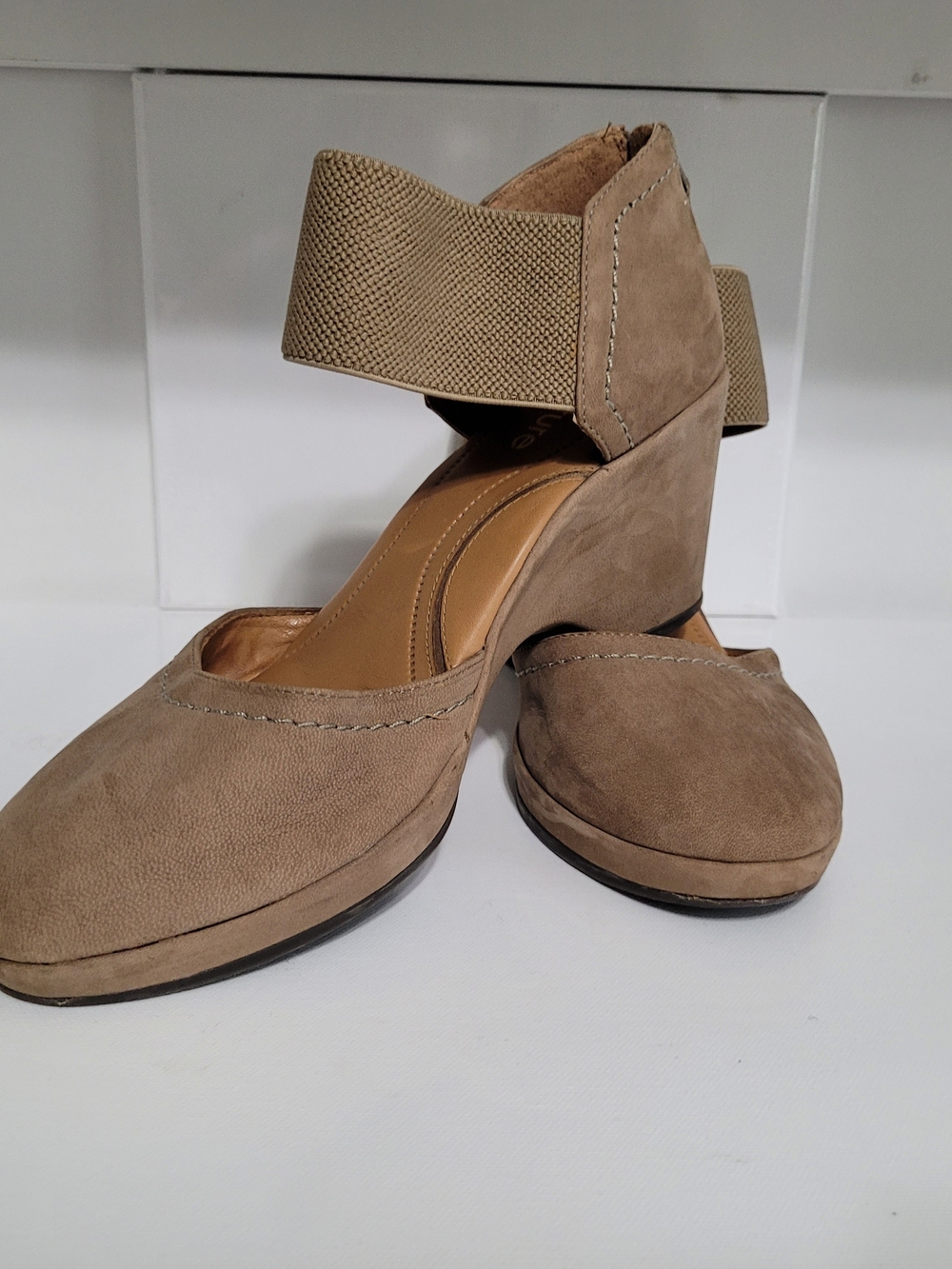 Nurture Taupe Faux Suede Wedge with Wide Elastic Ankle Strap